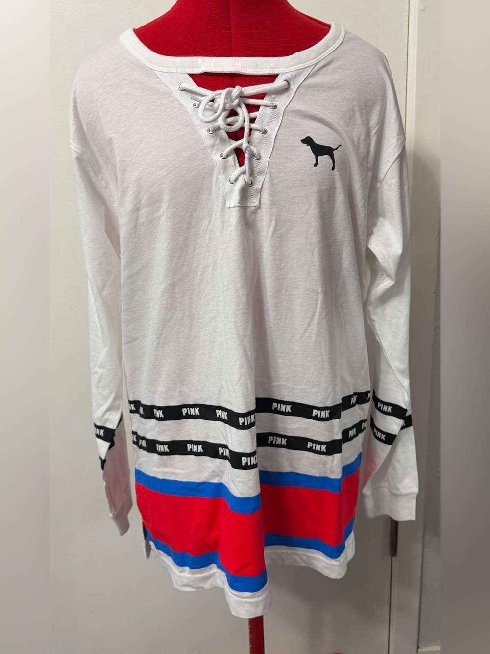 PINK Victoria's Secret White Lace-Up Tunic with Black Dog Logo